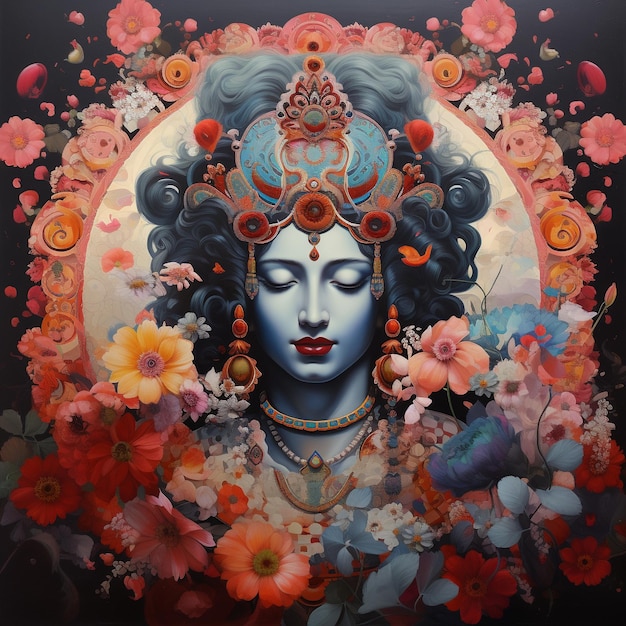 pintura de un rostro de dios Krishna decorado con flores