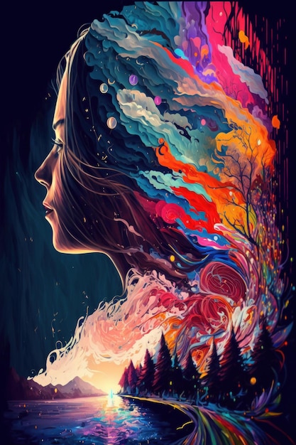Pintura de rostro de mujer con cabello colorido IA generativa