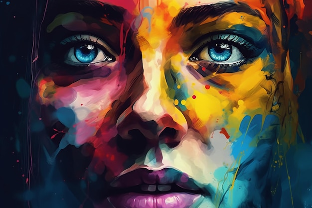 Una pintura del rostro de una mujer con un fondo colorido