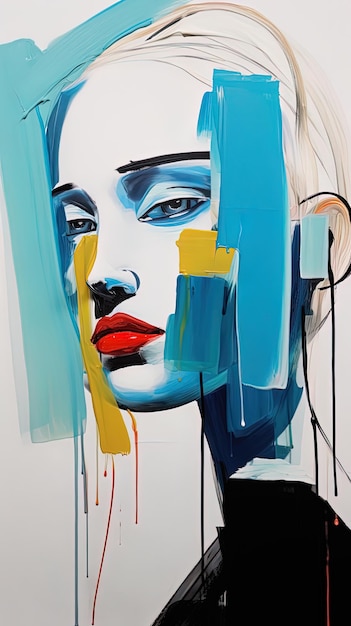 una pintura del rostro de una mujer con una pintura azul y amarilla.