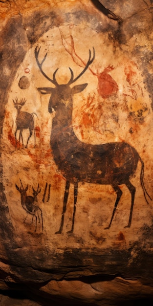 Pintura rupestre antiga Uhd Imagem de veado e arte de animais atmosféricos