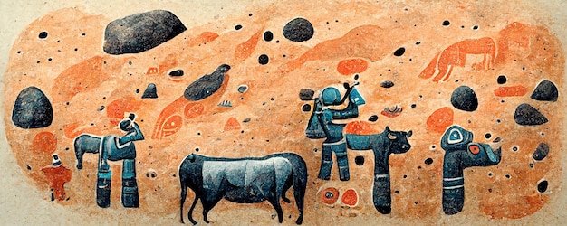 Pintura rupestre tribal de humanos y animales prehistóricos