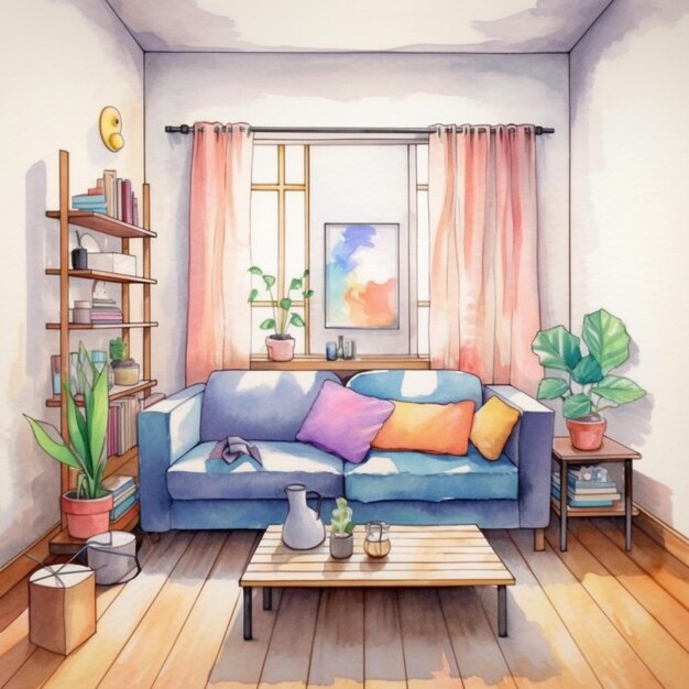 pintura de una sala de estar con un sofá azul y una mesa de café generativa ai