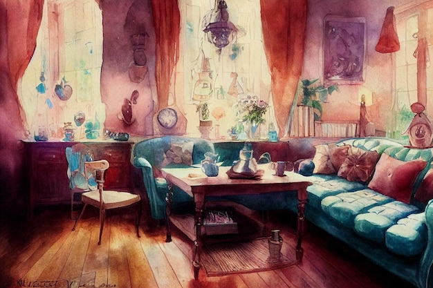 Una pintura de una sala de estar con un sofá y una mesa con un jarrón de flores.