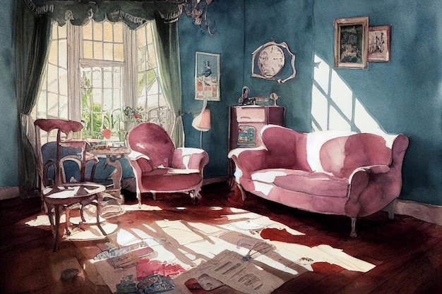 Una pintura de una sala de estar con un sofá rosa y una ventana con las palabras "el tiempo".