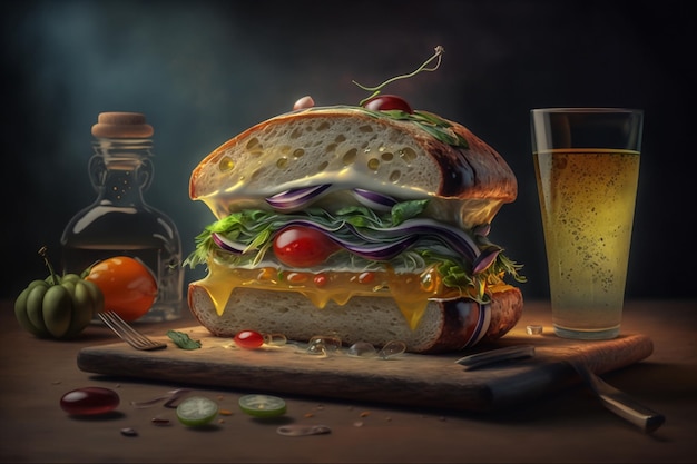 Una pintura de un sándwich con tomates y lechuga.