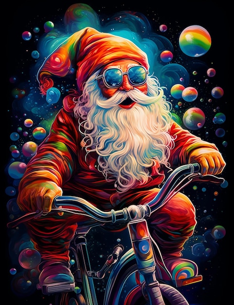 pintura de santa claus andando en bicicleta con burbujas en el fondo ai generativo