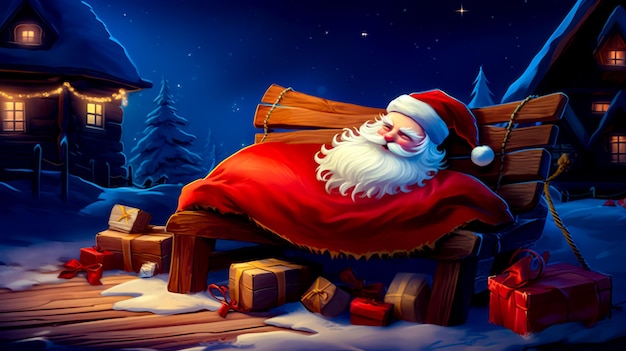 Pintura de Santa Claus durmiendo en un trineo en la nieve IA generativa