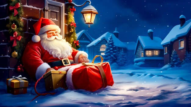 Pintura de Santa Claus sentado frente a la casa con el árbol de Navidad IA generativa