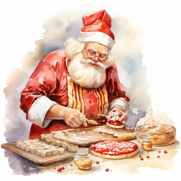 Foto pintura de santa haciendo una pizza con una espátula y un cuchillo generativo ai