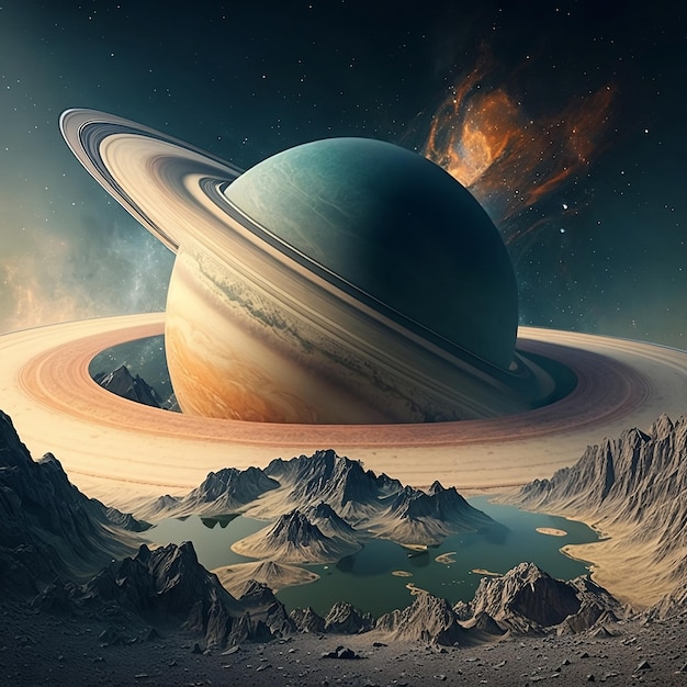 Una pintura de saturno con un lago al fondo.