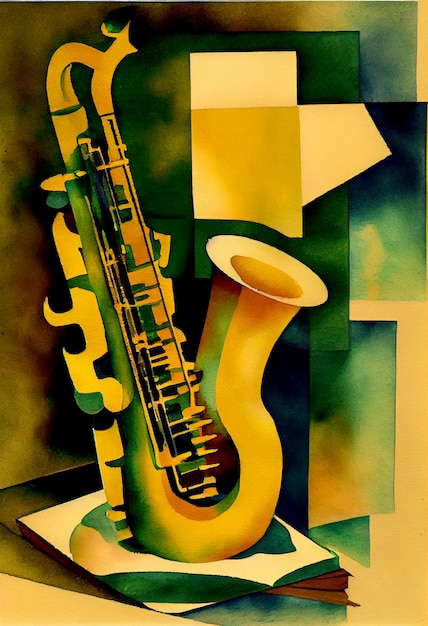 Foto pintura de un saxofón y una hoja de papel en una mesa generativa ai