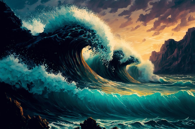Pintura seascape mar onda estilo retrowave arte de pintura digital