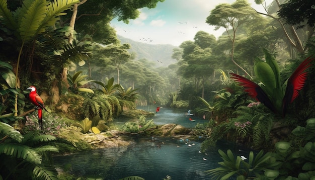Una pintura de una selva tropical con un pájaro rojo volando sobre el agua.