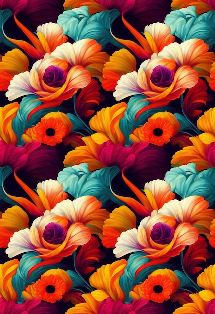 Pintura sem costura de flores abstratas de estilo barroco brilhante Cores vibrantes quentes Fundo floral Textura tesselada para embrulho de capa de tecido ou design ou ilustração 3D da página de destino