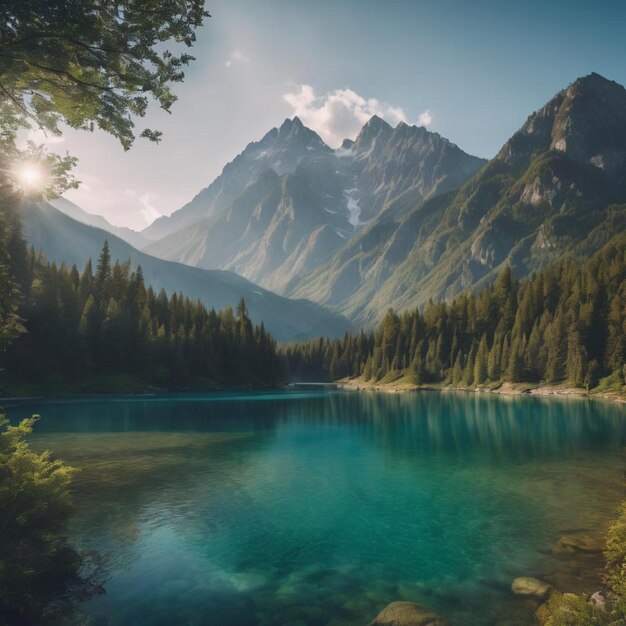 Una pintura serena que representa un río rodeado de árboles y montañas en un bosque.