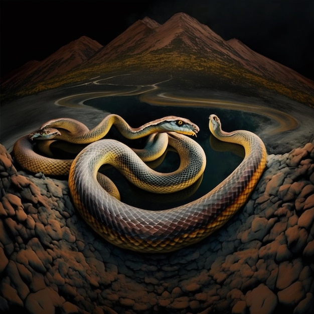 Foto una pintura de una serpiente con una montaña al fondo.