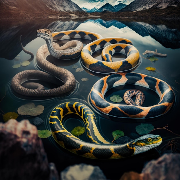 Foto una pintura de una serpiente en una piscina con una montaña al fondo.