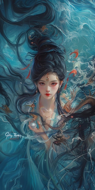 una pintura de una sirena con el agua en el fondo