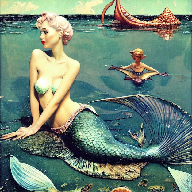 Una pintura de una sirena con un barco al fondo.