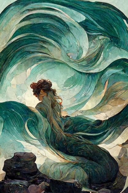 Una pintura de una sirena con una cola verde y una cola azul.