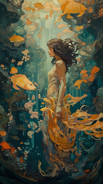 Una pintura de una sirena en un mar de oro.