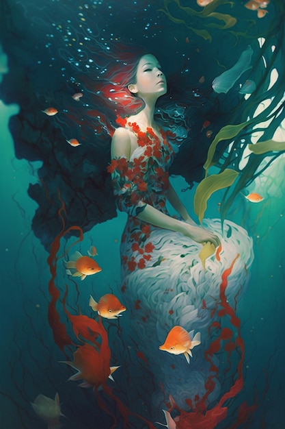 Una pintura de una sirena con el pelo rojo y una flor roja en la cabeza.