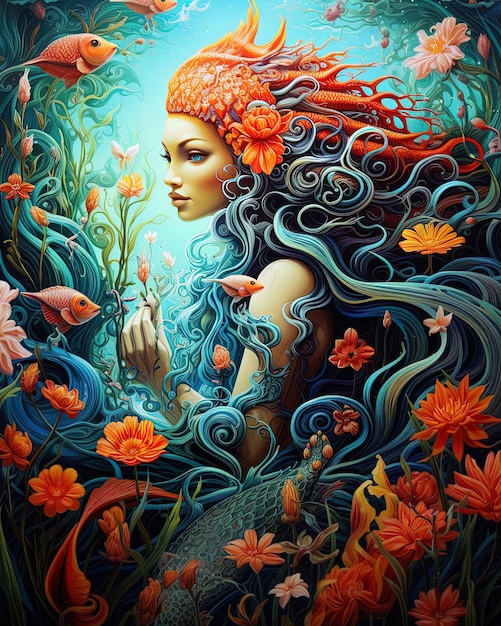 una pintura de una sirena con una sirena y peces en ella