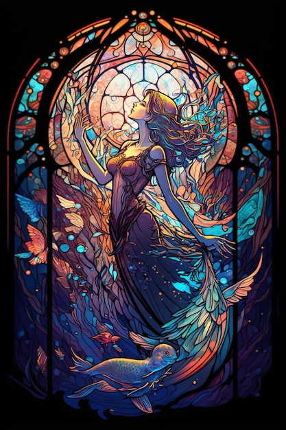 Una pintura de sirena en vidriera generativa ai.