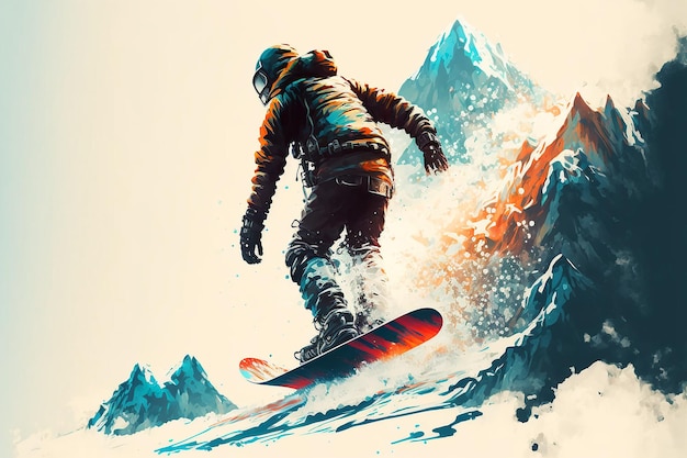 Una pintura de un snowboarder en una montaña.