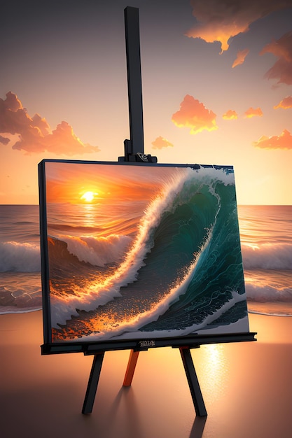 Una pintura sobre un lienzo con una puesta de sol sobre el mar.