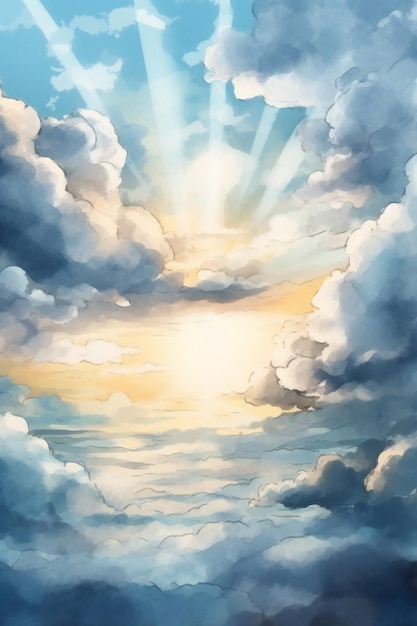 Una pintura de un sol en las nubes