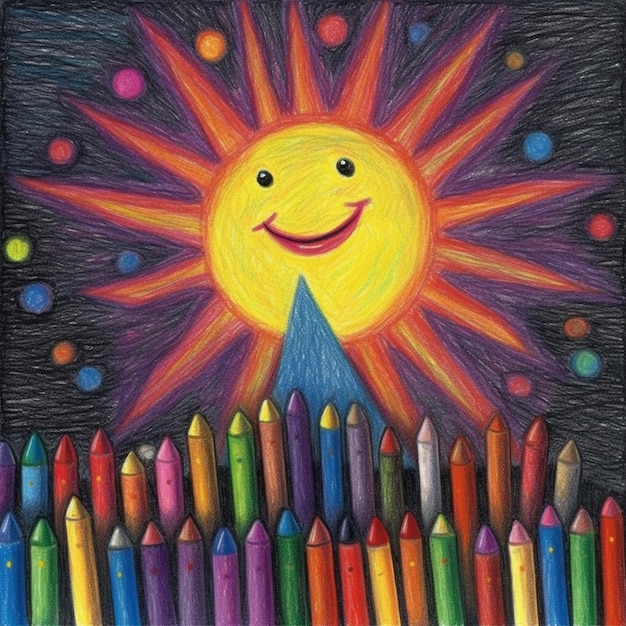 una pintura de un sol sonriente con crayones en el fondo ai generativo