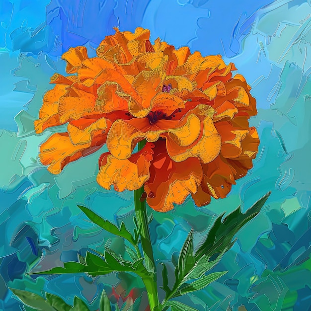 Foto pintura de una sola flor de naranja con un fondo de cielo azul