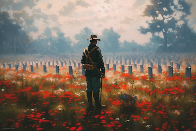 Una pintura de un soldado de pie en un cementerio Memorial Day