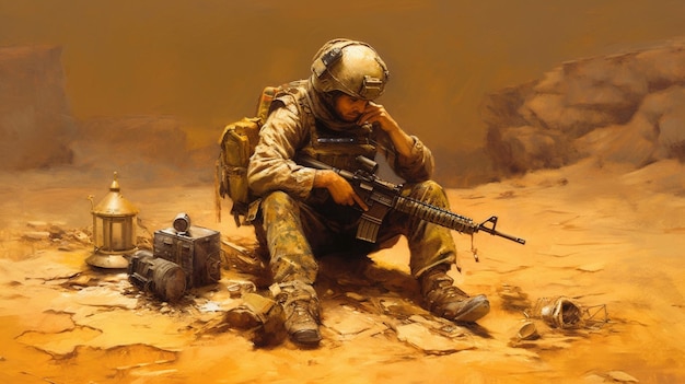 pintura de un soldado sentado en el desierto con un arma generativa ai
