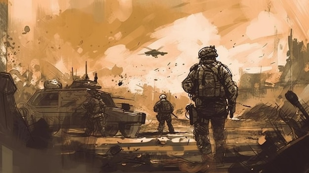 Una pintura de soldados frente a un tanque con las palabras militares.