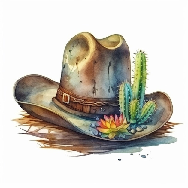 Pintura de un sombrero de vaquero con un cactus y flores de acuarela generativa ai