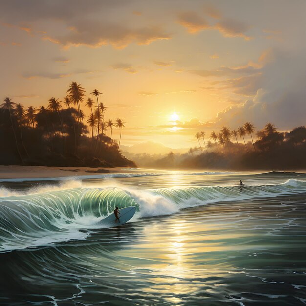 Pintura de un surfista montando una ola en el océano al atardecer IA generativa