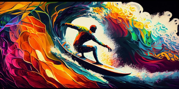 Una pintura de un surfista montando una ola.