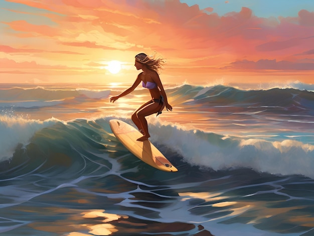 Foto una pintura de un surfista en una tabla con el sol poniéndose detrás de ella