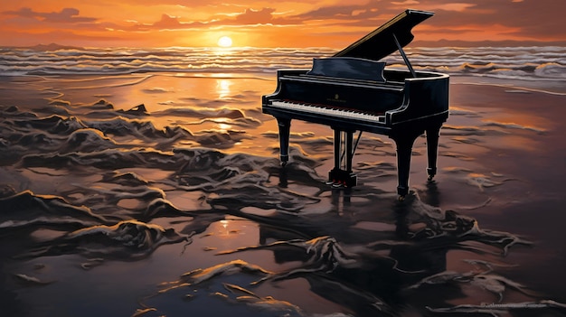 Pintura surreal de piano preto derretendo na praia