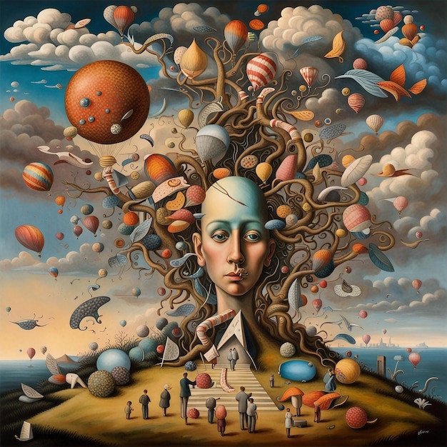 Pintura surrealista de uma mulher cercada por obras de arte fantásticas