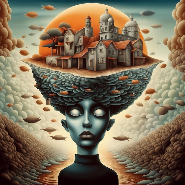 Pintura surrealista de uma mulher cercada por obras de arte fantásticas