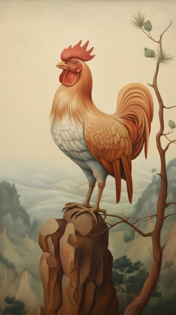 Foto pintura surrealista de gallo en la roca tonos silenciados escala monumental iconografía china