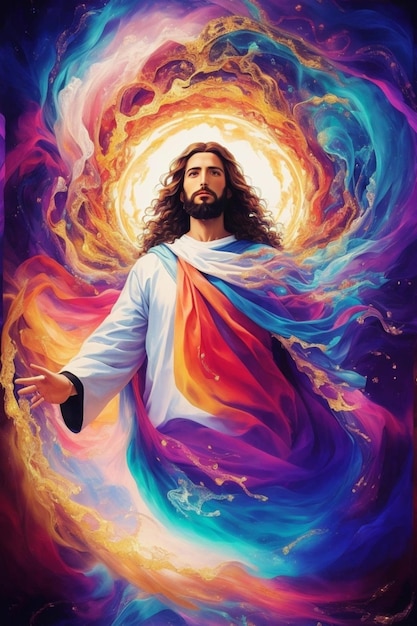 Una pintura surrealista de Jesucristo rodeada por un vórtice giratorio de colores vibrantes