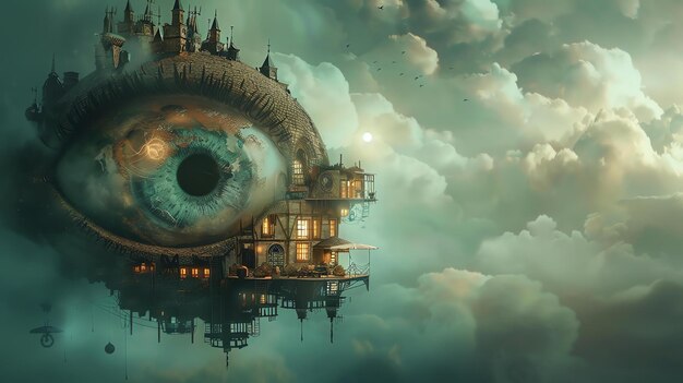 Pintura surrealista de un ojo gigante con un castillo en él El ojo está flotando en un cielo nublado y hay una luz brillante en el fondo