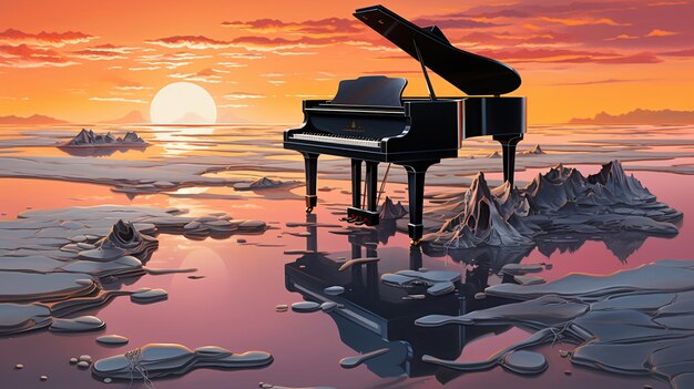 Pintura surrealista de un piano negro derretido en la playa