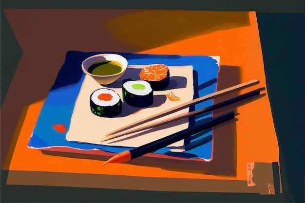 Pintura de sushi y palillos en un plato generativo ai.