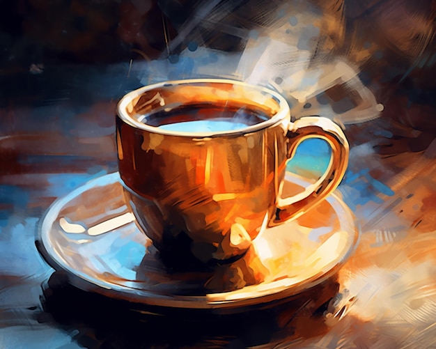 pintura de una taza de café en un platillo en una mesa generativa ai